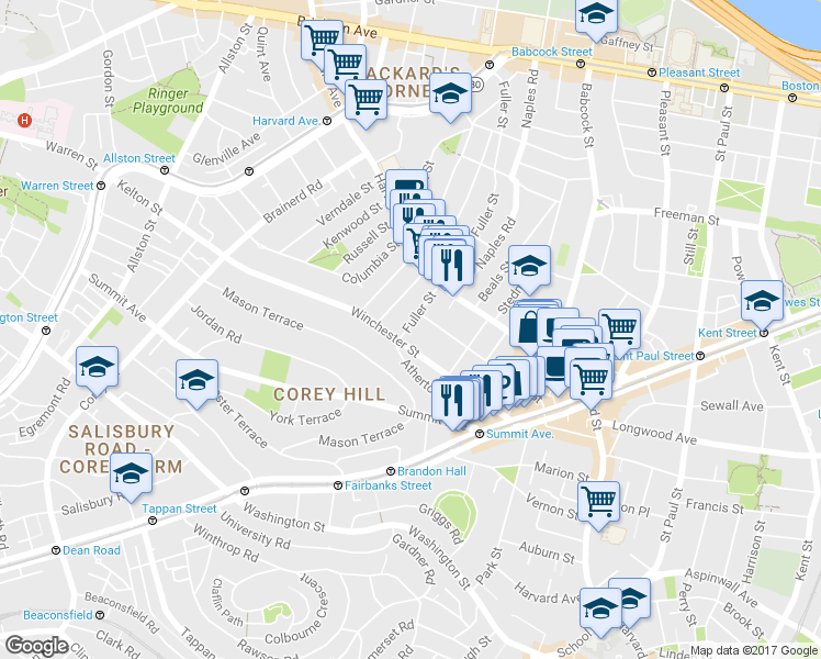 map of restaurants, bars, coffee shops, grocery stores, and more near 104 Winchester Street in Brookline