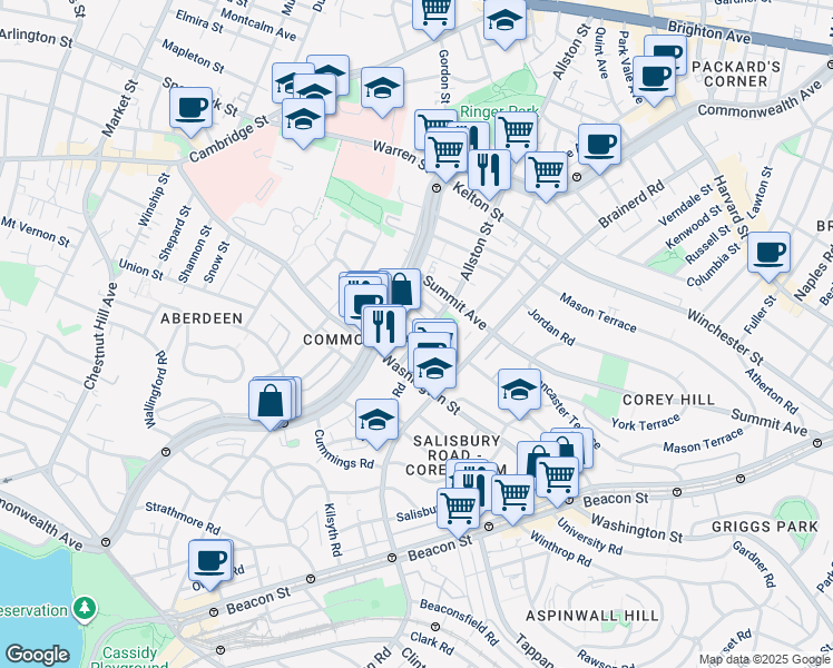 map of restaurants, bars, coffee shops, grocery stores, and more near 170 Corey Road in Boston