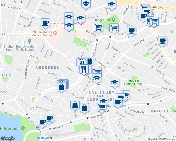 map of restaurants, bars, coffee shops, grocery stores, and more near 319 Allston Street in Boston