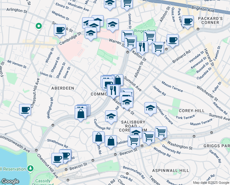 map of restaurants, bars, coffee shops, grocery stores, and more near 319 Allston Street in Boston