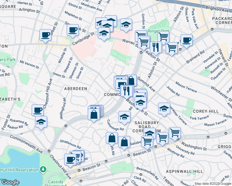 map of restaurants, bars, coffee shops, grocery stores, and more near 1619 Commonwealth Avenue in Boston