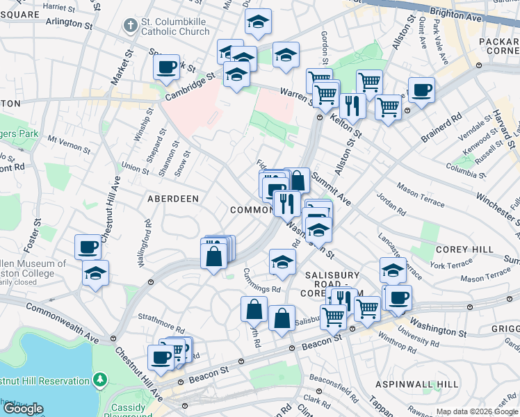 map of restaurants, bars, coffee shops, grocery stores, and more near 1619 Commonwealth Avenue in Boston
