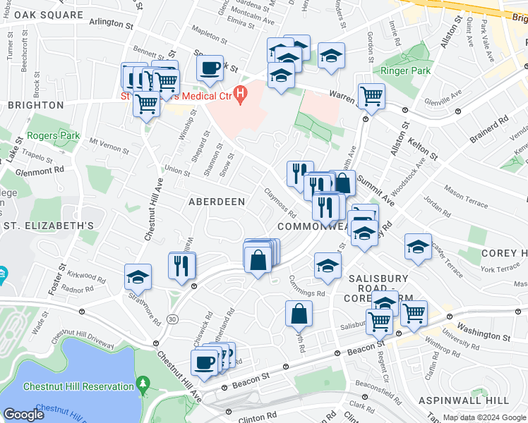 map of restaurants, bars, coffee shops, grocery stores, and more near 104 Euston Road in Boston