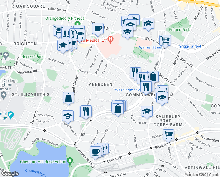 map of restaurants, bars, coffee shops, grocery stores, and more near 107 Nottinghill Road in Boston