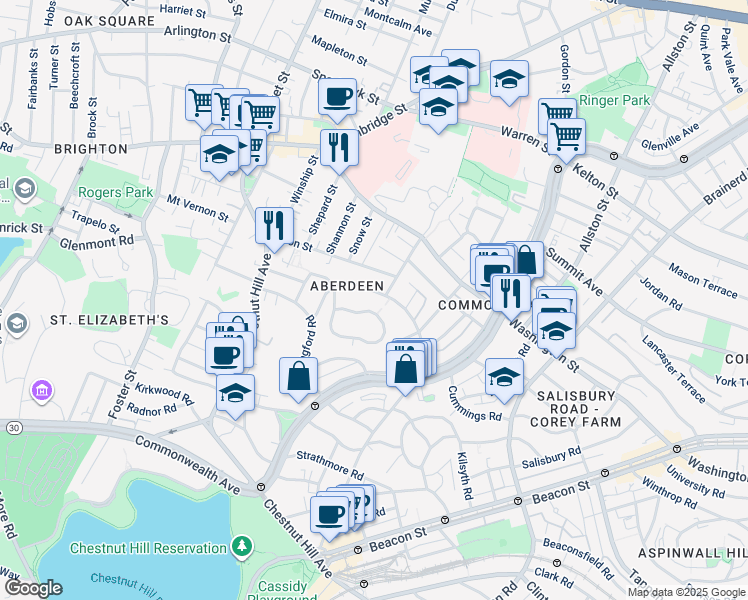 map of restaurants, bars, coffee shops, grocery stores, and more near 107 Nottinghill Road in Boston