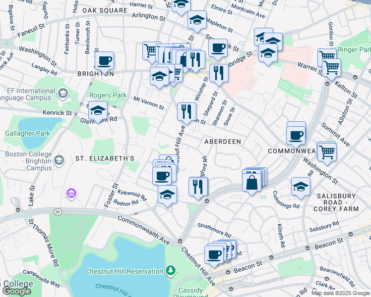 map of restaurants, bars, coffee shops, grocery stores, and more near 8 Ledgemere Road in Boston