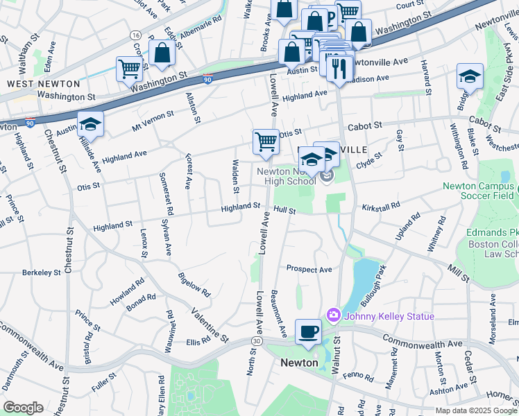 map of restaurants, bars, coffee shops, grocery stores, and more near 404 Lowell Avenue in Newton