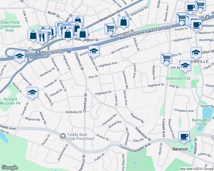 map of restaurants, bars, coffee shops, grocery stores, and more near 276 Highland Street in Newton