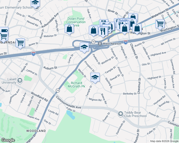 map of restaurants, bars, coffee shops, grocery stores, and more near 33 Tennyson Road in Newton