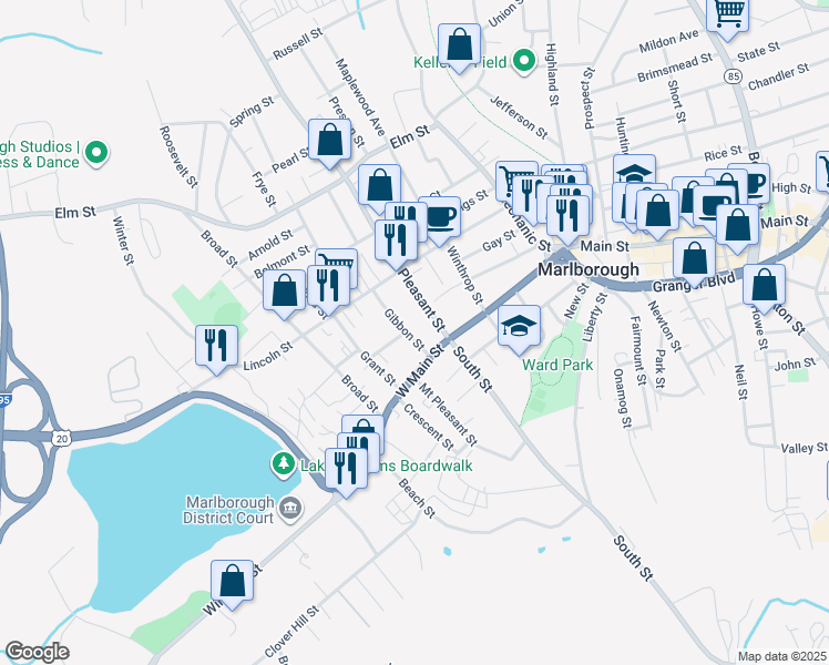 map of restaurants, bars, coffee shops, grocery stores, and more near 10 Gibbon Street in Marlborough