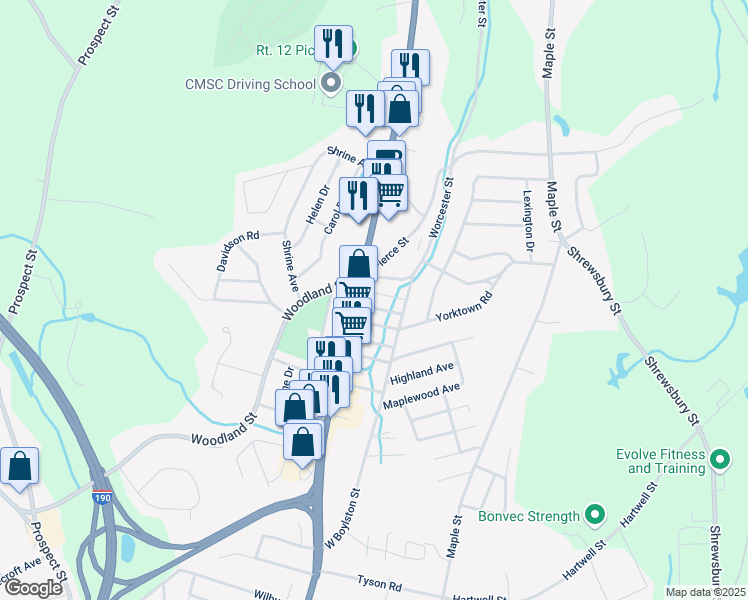 map of restaurants, bars, coffee shops, grocery stores, and more near 287 West Boylston Street in West Boylston