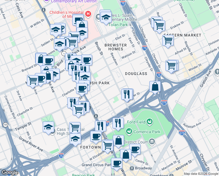map of restaurants, bars, coffee shops, grocery stores, and more near 2750 John R Street in Detroit