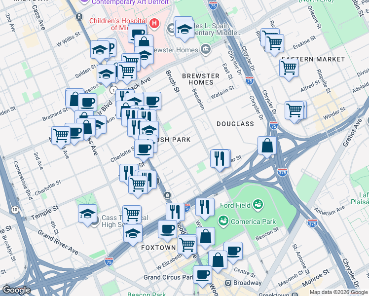 map of restaurants, bars, coffee shops, grocery stores, and more near 2750 John R Street in Detroit