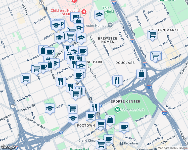 map of restaurants, bars, coffee shops, grocery stores, and more near 79 Alfred Street in Detroit