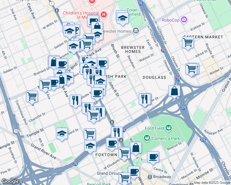 map of restaurants, bars, coffee shops, grocery stores, and more near 79 Alfred Street in Detroit