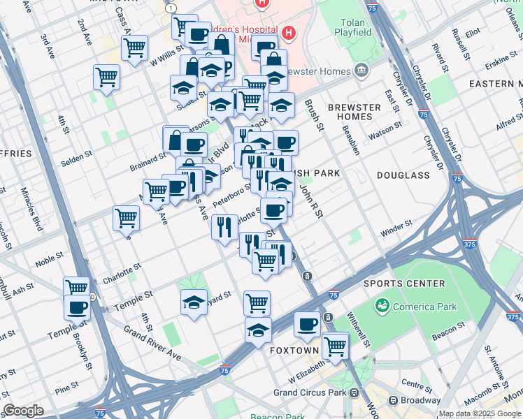 map of restaurants, bars, coffee shops, grocery stores, and more near 35 Charlotte Street in Detroit