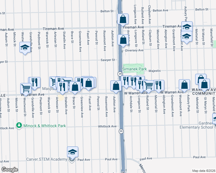 map of restaurants, bars, coffee shops, grocery stores, and more near 18250 West Warren Avenue in Detroit