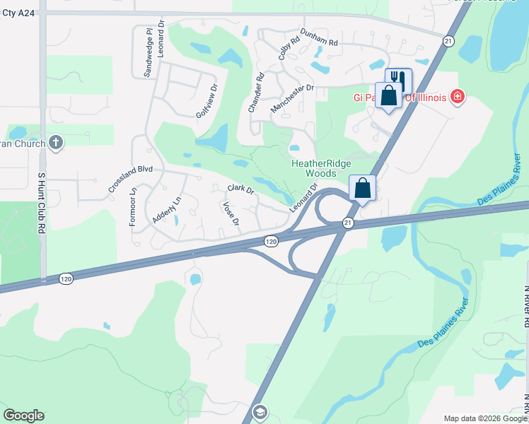 map of restaurants, bars, coffee shops, grocery stores, and more near 50 Scott Court in Gurnee