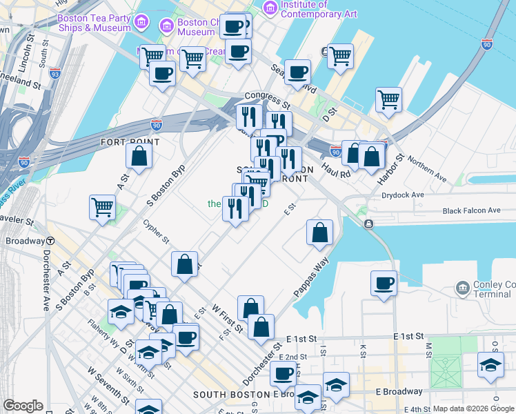 map of restaurants, bars, coffee shops, grocery stores, and more near 411 D Street in Boston