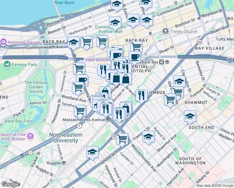 map of restaurants, bars, coffee shops, grocery stores, and more near in Boston