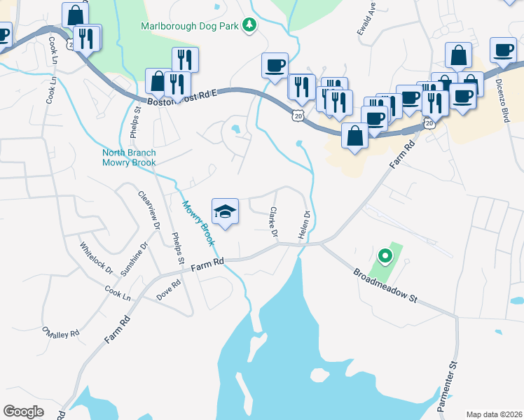 map of restaurants, bars, coffee shops, grocery stores, and more near 4 Priscilla Drive in Marlborough