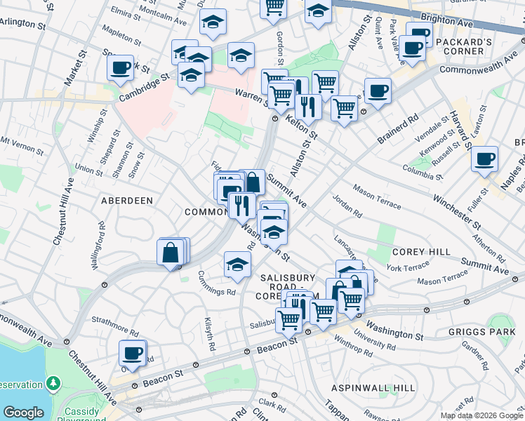 map of restaurants, bars, coffee shops, grocery stores, and more near 19 Melvin Avenue in Brighton