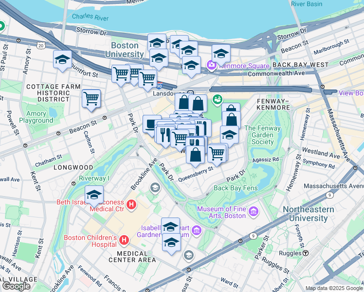 map of restaurants, bars, coffee shops, grocery stores, and more near 1365 Boylston Street in Boston