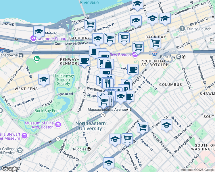 map of restaurants, bars, coffee shops, grocery stores, and more near 279 Massachusetts Avenue in Boston