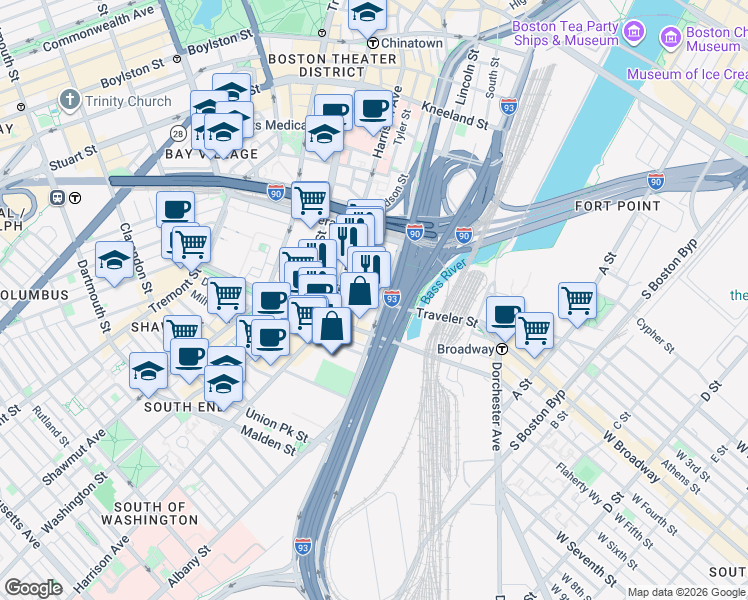 map of restaurants, bars, coffee shops, grocery stores, and more near 275 Albany Street in Boston