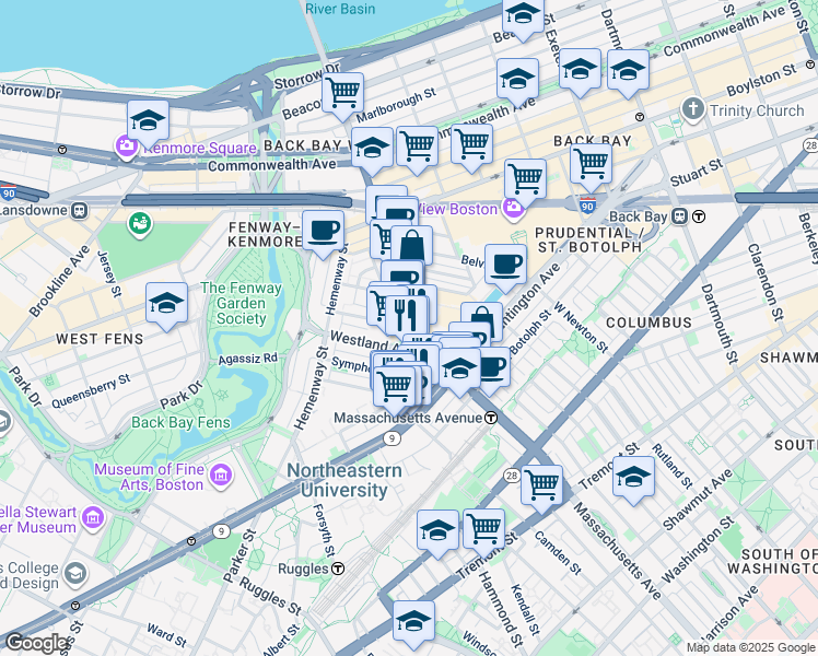 map of restaurants, bars, coffee shops, grocery stores, and more near in Boston