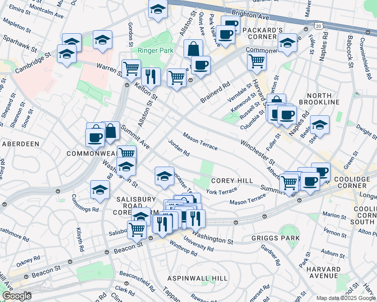 map of restaurants, bars, coffee shops, grocery stores, and more near 100 Jordan Road in Brookline