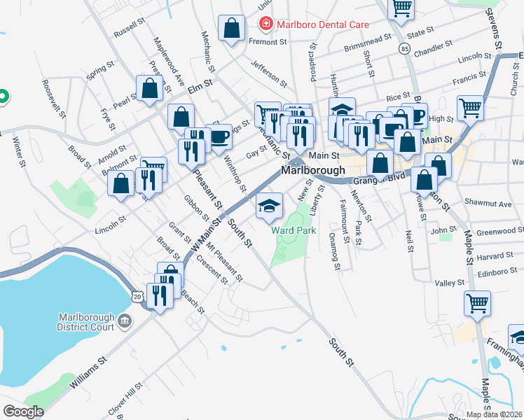 map of restaurants, bars, coffee shops, grocery stores, and more near 14 Emmett Street in Marlborough