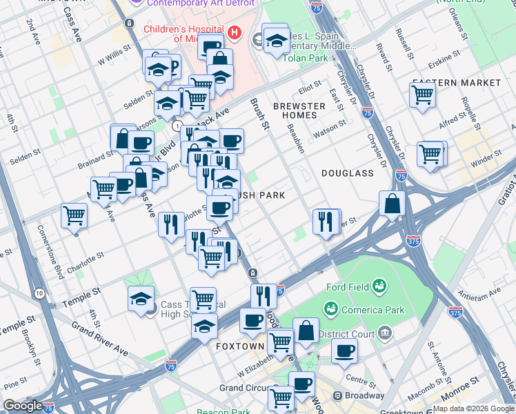 map of restaurants, bars, coffee shops, grocery stores, and more near 79 Alfred Street in Detroit
