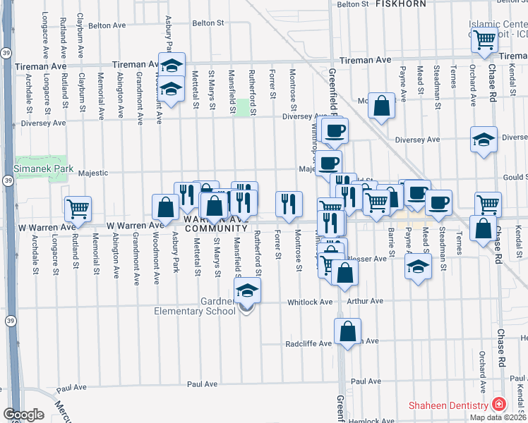 map of restaurants, bars, coffee shops, grocery stores, and more near 15831 West Warren Avenue in Detroit
