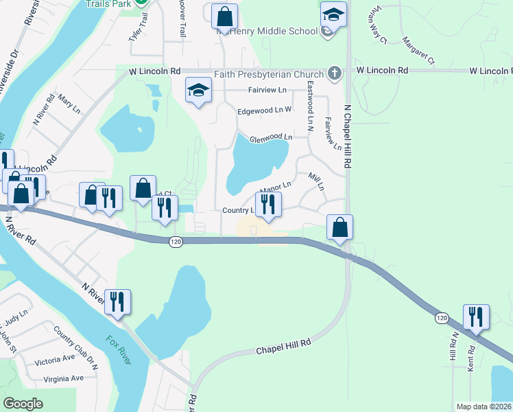 map of restaurants, bars, coffee shops, grocery stores, and more near 2311 Country Lane in McHenry
