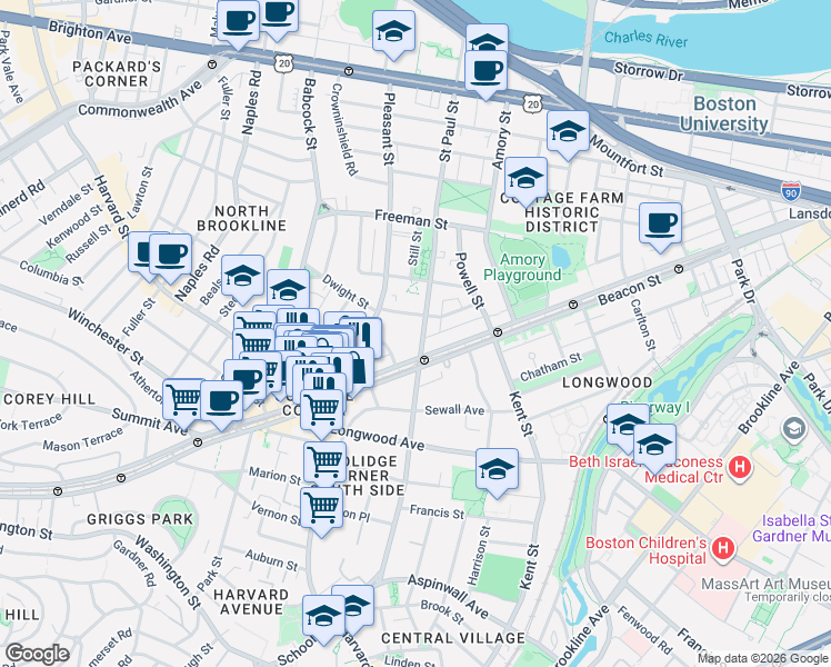 map of restaurants, bars, coffee shops, grocery stores, and more near 3 James Street in Brookline