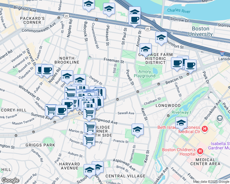 map of restaurants, bars, coffee shops, grocery stores, and more near 3 James Street in Brookline