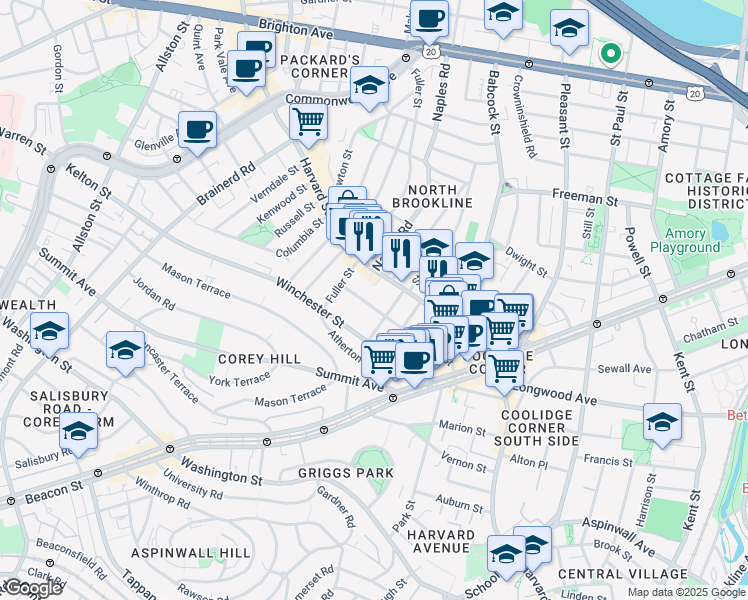 map of restaurants, bars, coffee shops, grocery stores, and more near 75 Winchester Street in Brookline