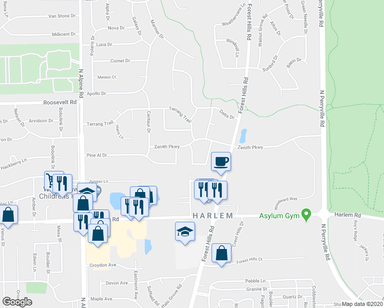 map of restaurants, bars, coffee shops, grocery stores, and more near 8336 Woodbridge Lane in Machesney Park