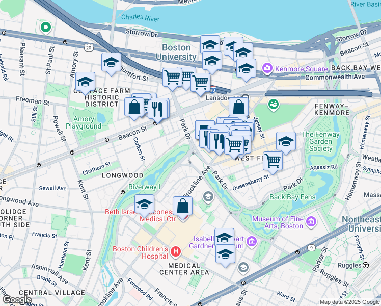 map of restaurants, bars, coffee shops, grocery stores, and more near Park Drive & Riverway in Boston