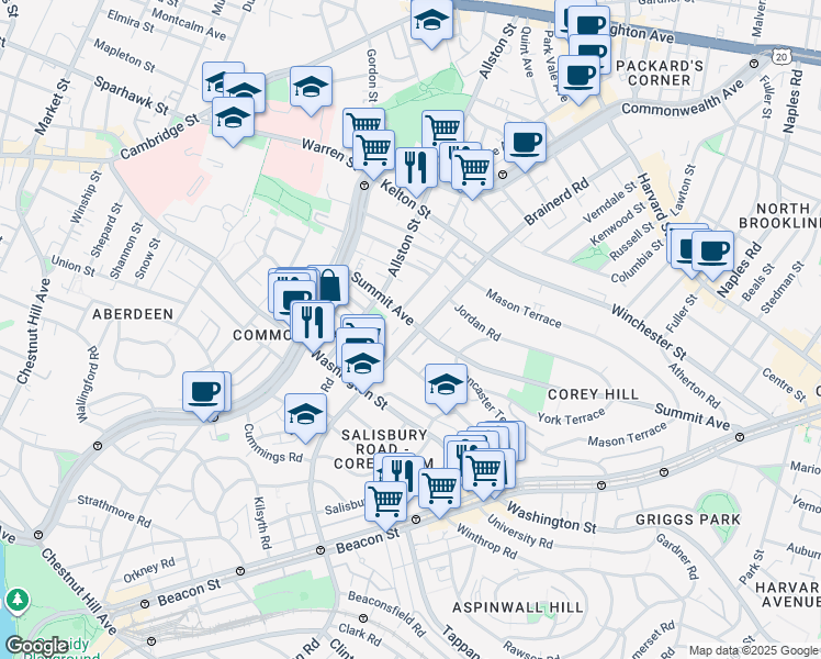 map of restaurants, bars, coffee shops, grocery stores, and more near 195 Corey Road in Boston