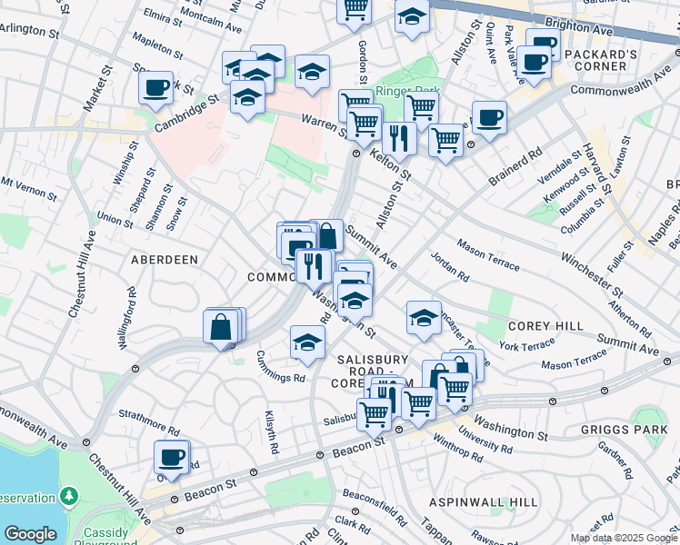 map of restaurants, bars, coffee shops, grocery stores, and more near 170 Corey Road in Boston