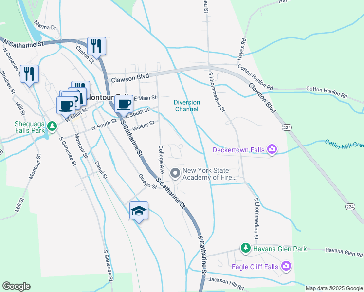 map of restaurants, bars, coffee shops, grocery stores, and more near 124 Turner Park in Montour Falls