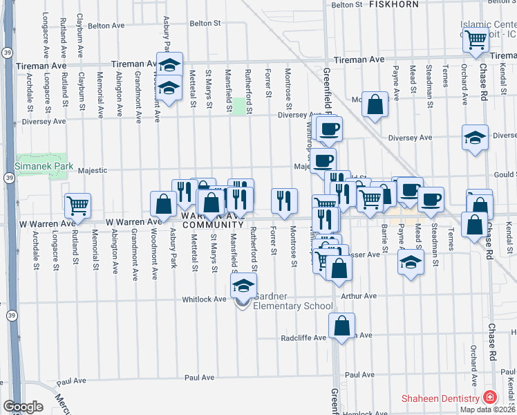 map of restaurants, bars, coffee shops, grocery stores, and more near 15831 West Warren Avenue in Detroit