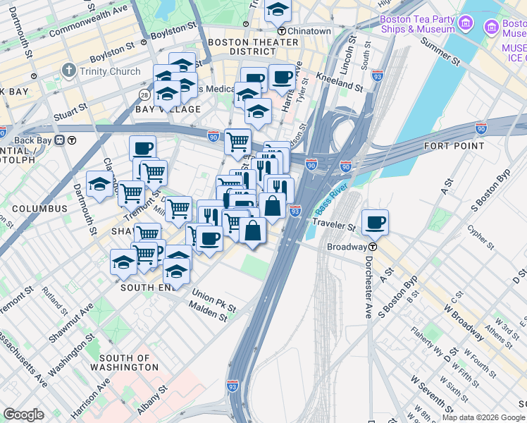 map of restaurants, bars, coffee shops, grocery stores, and more near 219 East Berkeley Street in Boston