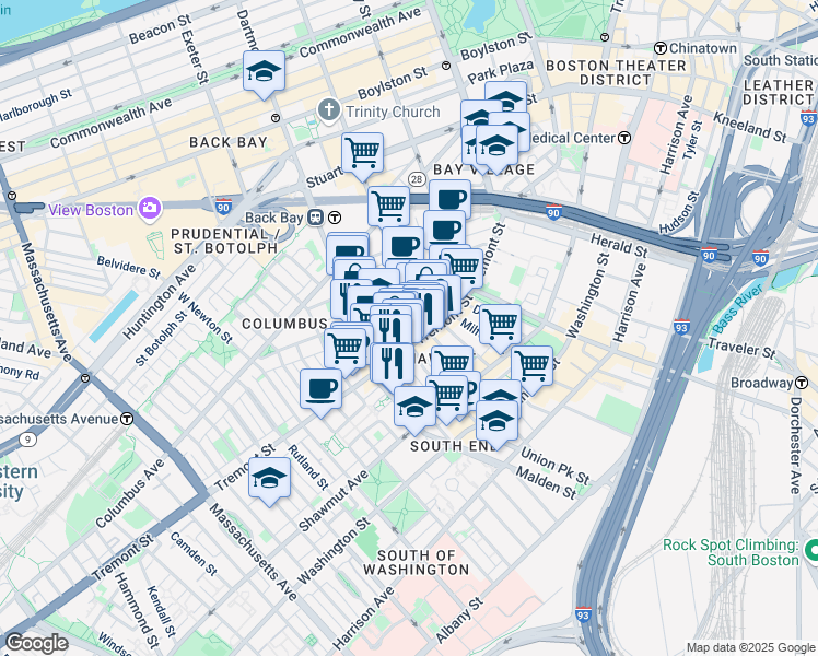 map of restaurants, bars, coffee shops, grocery stores, and more near 585 Tremont Street in Boston