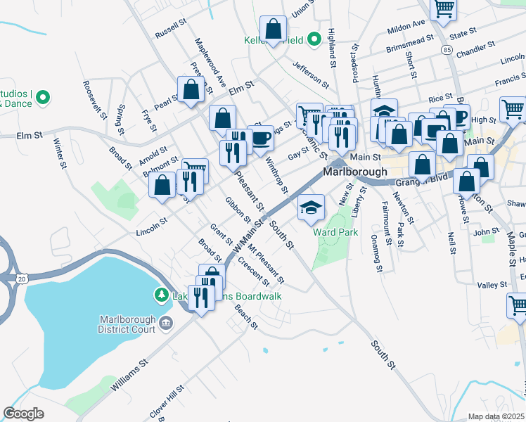 map of restaurants, bars, coffee shops, grocery stores, and more near 0 Pleasant Street in Marlborough