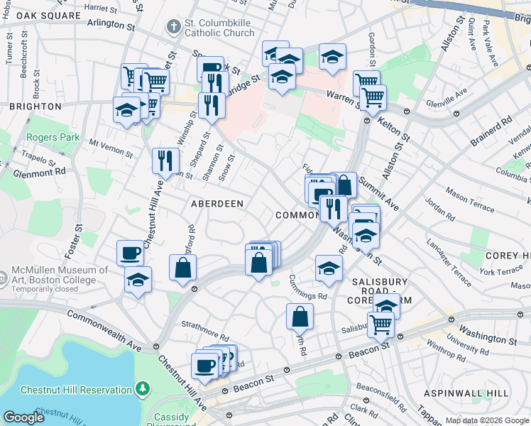 map of restaurants, bars, coffee shops, grocery stores, and more near 104 Euston Road in Boston