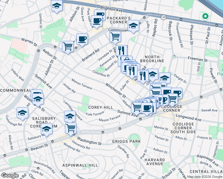 map of restaurants, bars, coffee shops, grocery stores, and more near 140 Winchester Street in Brookline