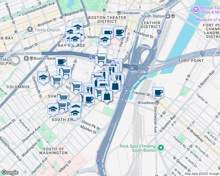 map of restaurants, bars, coffee shops, grocery stores, and more near 370 Harrison Avenue in Boston